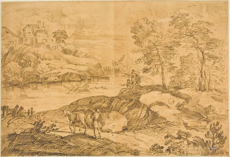 River Landscape with Man and Donkey, Bathers Wall Art by Andrea Locatelli - High-Resolution Digital Print