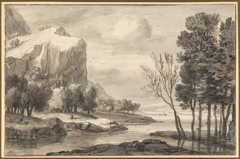 River Landscape with Rocky Cliffs Wall Art by Roelant Roghman - High-Resolution Digital Print