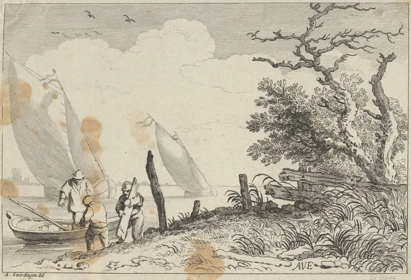 River Landscape with Three Fisherman Wall Art by Jean Jacques Le Veau - High-Resolution Digital Print
