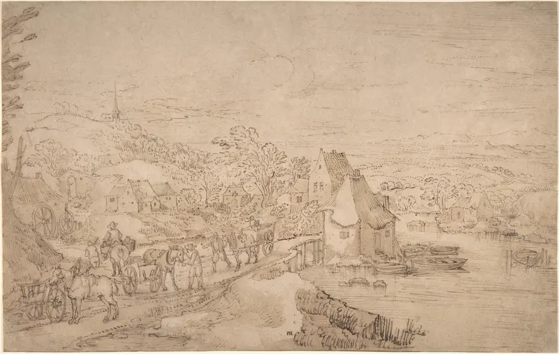 River Landscape with Wagons on a Road near a Village Wall Art by Joos de Momper the Younger - High-Resolution Digital Print