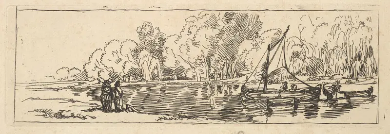 River or Pond Scene: a Sailboat and Dinghy with Figures on the Near Bank Wall Art by Thomas Rowlandson - High-Resolution Digital Print