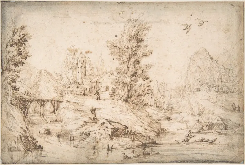 River View with Figures Wall Art by Anonymous, Italian, Roman-Bolognese, 17th century - High-Resolution Digital Print