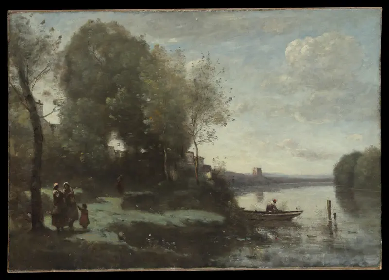 River with a Distant Tower Wall Art by Camille Corot - High-Resolution Digital Print