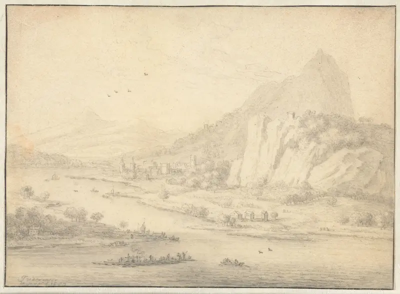 Rivier met boten aan de voet van een hoog gebergte Wall Art by Jan van der Meer (II) - High-Resolution Digital Print