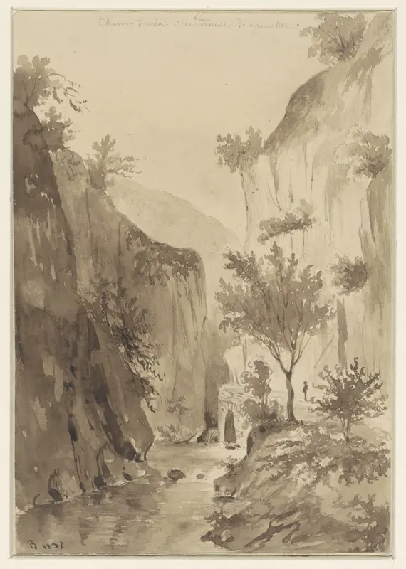 Rivier tussen begroeide rotsen; rechts een weg Wall Art by A Regnier (nthony?) - High-Resolution Digital Print