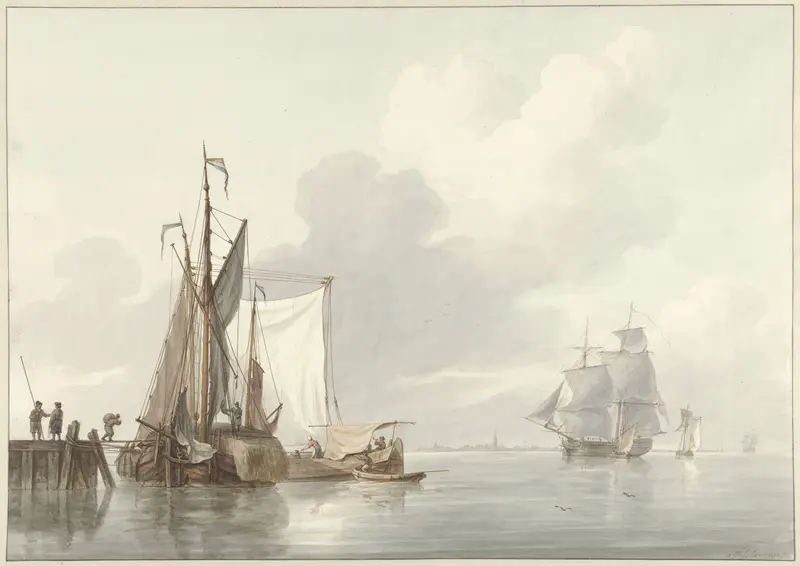 Riviergezicht met afgemeerde schepen Wall Art by Unknown - High-Resolution Digital Print