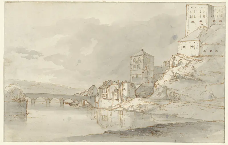 Riviergezicht met boogbrug en fortificaties op de rechteroever Wall Art by Unknown - High-Resolution Digital Print