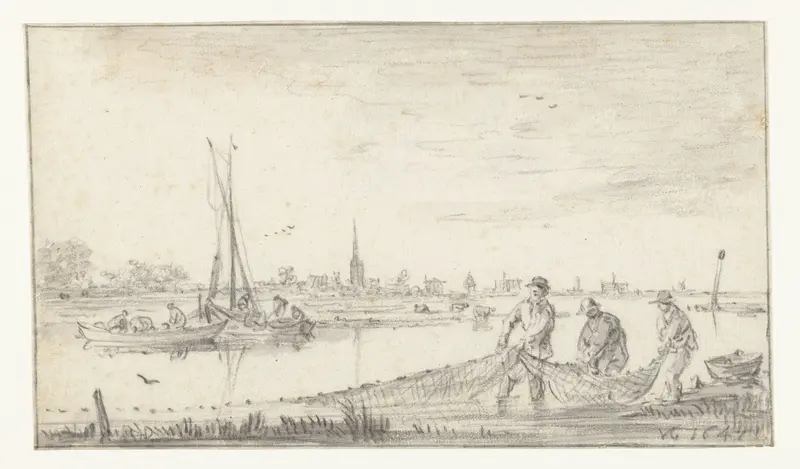 Riviergezicht met drie vissers en gezicht op Leiden Wall Art by Jan van Goyen - High-Resolution Digital Print