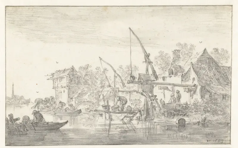 Riviergezicht met een aanlegsteiger met hefbomen Wall Art by Jan van Goyen - High-Resolution Digital Print