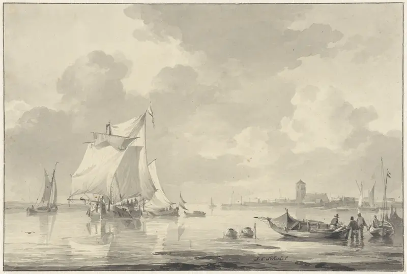 Riviergezicht met enkele schepen, op de achtergrond in het verschiet een stad Wall Art by Johannes Christiaan Schotel - High-Resolution Digital Print