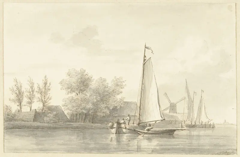 Riviergezicht met zeilschip en roeiboot Wall Art by Unknown - High-Resolution Digital Print