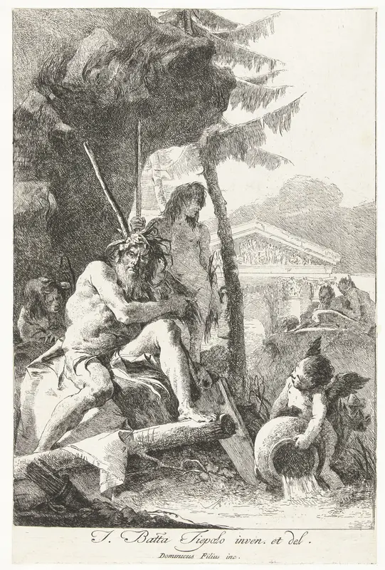 Riviergod en twee jonge mannen en putto op oever Wall Art by Unknown - High-Resolution Digital Print