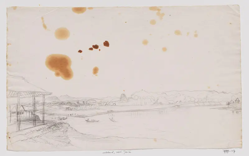 Rivierlandschap, links een loods en huizen, Java (?) Wall Art by Adrianus Johannes Bik - High-Resolution Digital Print