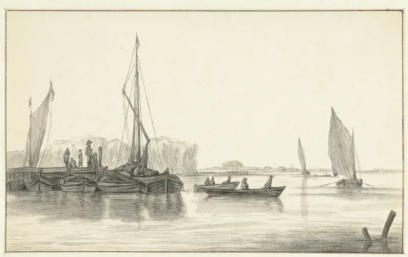 Rivierlandschap met een aanlegsteiger met boten Wall Art by Hendrick Jacobsz. Dubbels - High-Resolution Digital Print
