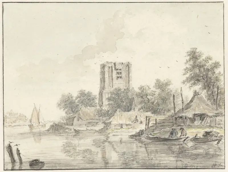 Rivierlandschap met een grote stompe kerktoren Wall Art by Hendrik Spilman - High-Resolution Digital Print