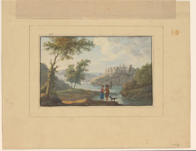 Rivierlandschap met een man, vrouw en hond op de voorgrond Wall Art by anonymous - High-Resolution Digital Print