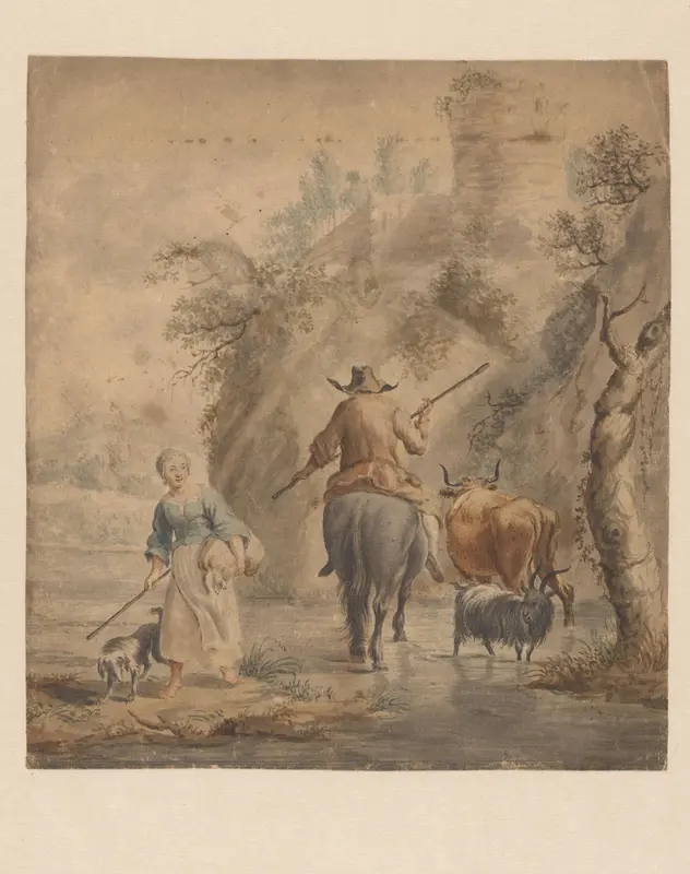 Rivierlandschap met een ruiter, vrouw en vee Wall Art by anonymous - High-Resolution Digital Print