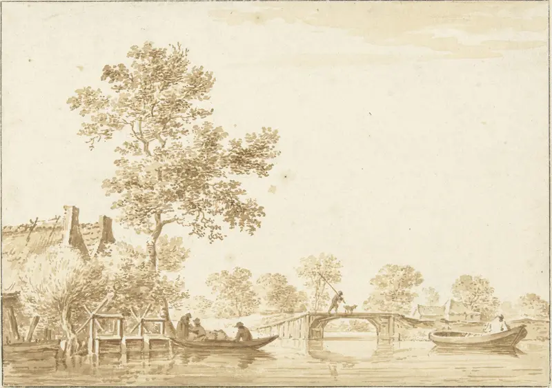 Rivierlandschap met een sluisje, een brug en enkele boten Wall Art by Unknown - High-Resolution Digital Print