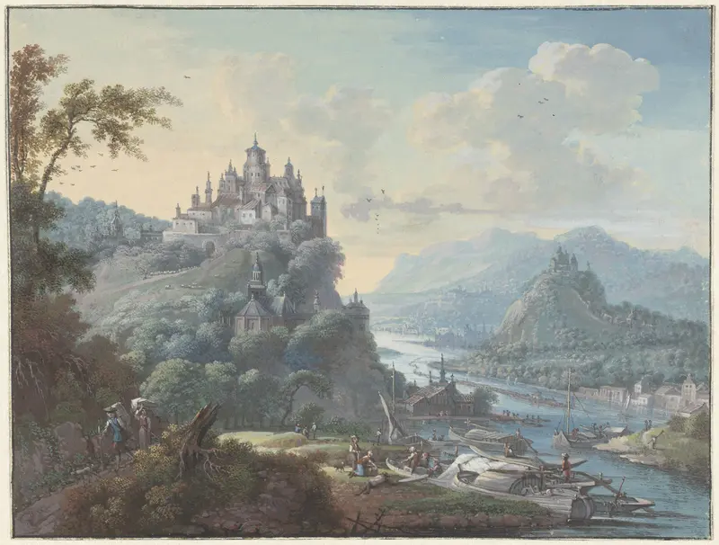 Rivierlandschap met een stad op een heuveltop Wall Art by Willem Troost (I) - High-Resolution Digital Print
