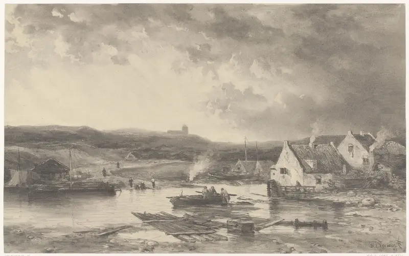 Rivierlandschap met enige huizen en een watermolen Wall Art by Salomon Leonardus Verveer - High-Resolution Digital Print