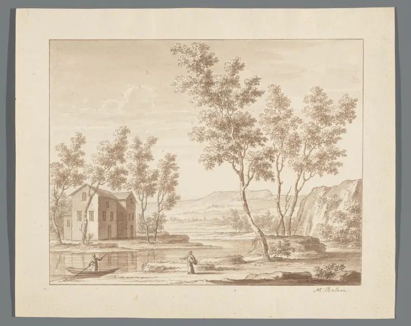 Rivierlandschap met gebouw, een bootje en twee figuren Wall Art by Unknown - High-Resolution Digital Print