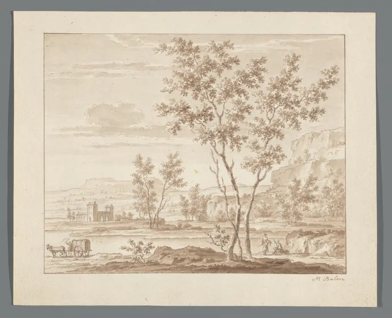 Rivierlandschap met gebouw, een huifkar en enkele figuren Wall Art by Unknown - High-Resolution Digital Print