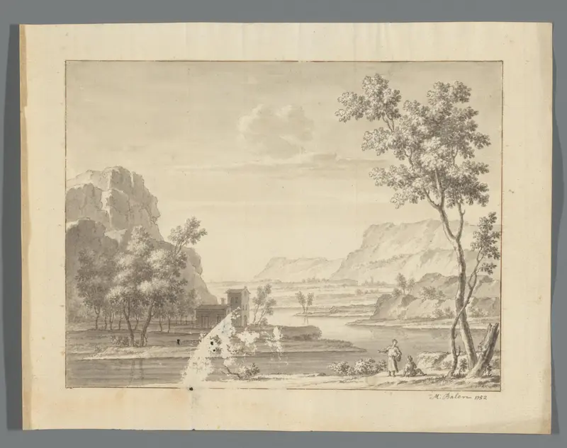 Rivierlandschap met gebouw en twee figuren Wall Art by Unknown - High-Resolution Digital Print