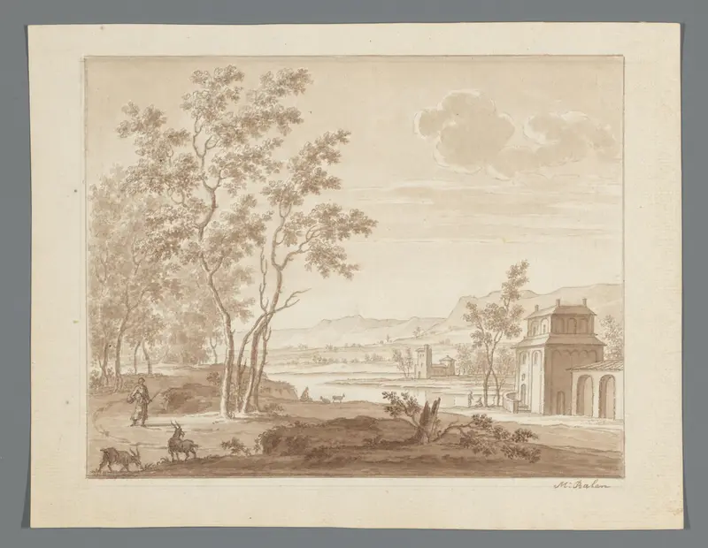 Rivierlandschap met gebouwen en herders met geiten Wall Art by Unknown - High-Resolution Digital Print