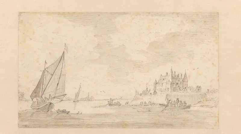 Rivierlandschap met kasteel (Loevestein?) Wall Art by anonymous - High-Resolution Digital Print