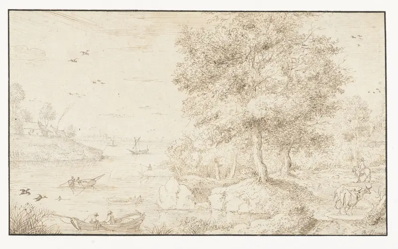 Rivierlandschap met linksonder twee vliegende eenden Wall Art by Albert Flamen - High-Resolution Digital Print
