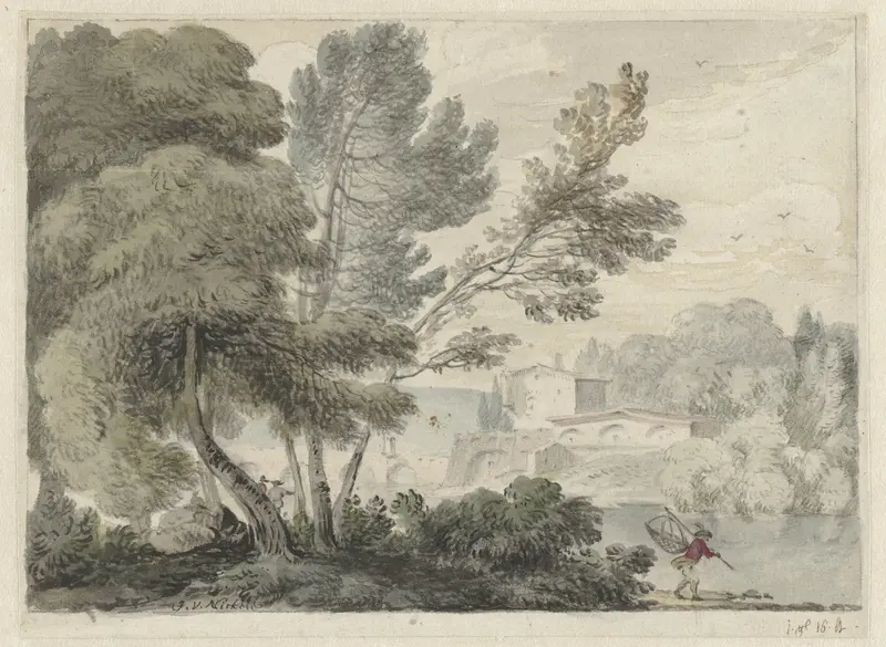Rivierlandschap met op de voorgrond een man met een schepnet Wall Art by Unknown - High-Resolution Digital Print