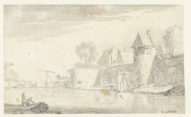 Rivierlandschap met rechts de muren van een stad Wall Art by Unknown - High-Resolution Digital Print