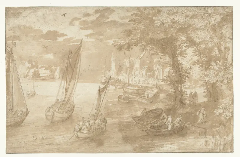 Rivierlandschap met rechts een aanlegplaats Wall Art by anonymous - High-Resolution Digital Print