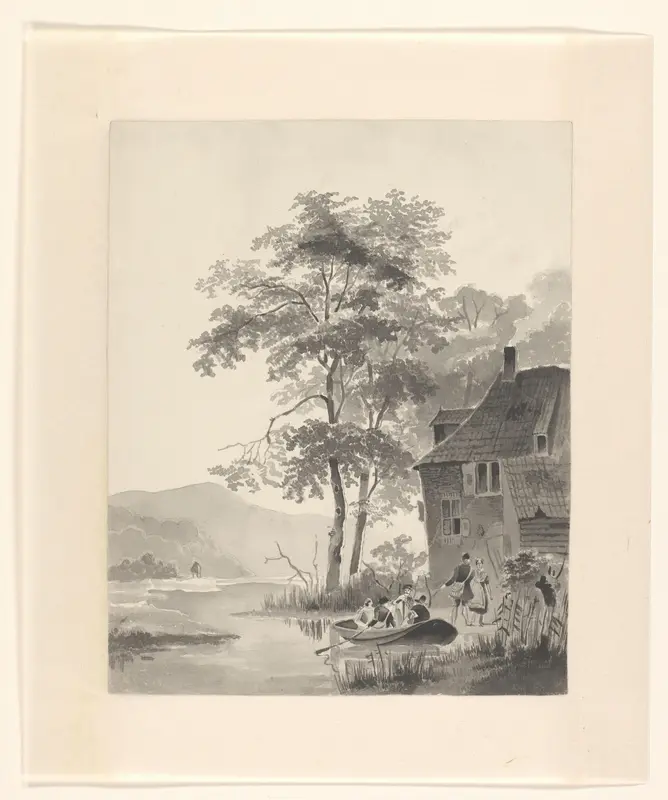 Rivierlandschap met reizigers in een boot aangemeerd bij een huis Wall Art by Unknown - High-Resolution Digital Print