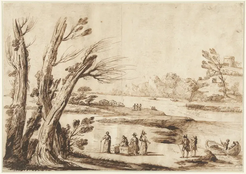 Rivierlandschap met reizigers met hutkoffers Wall Art by Unknown - High-Resolution Digital Print