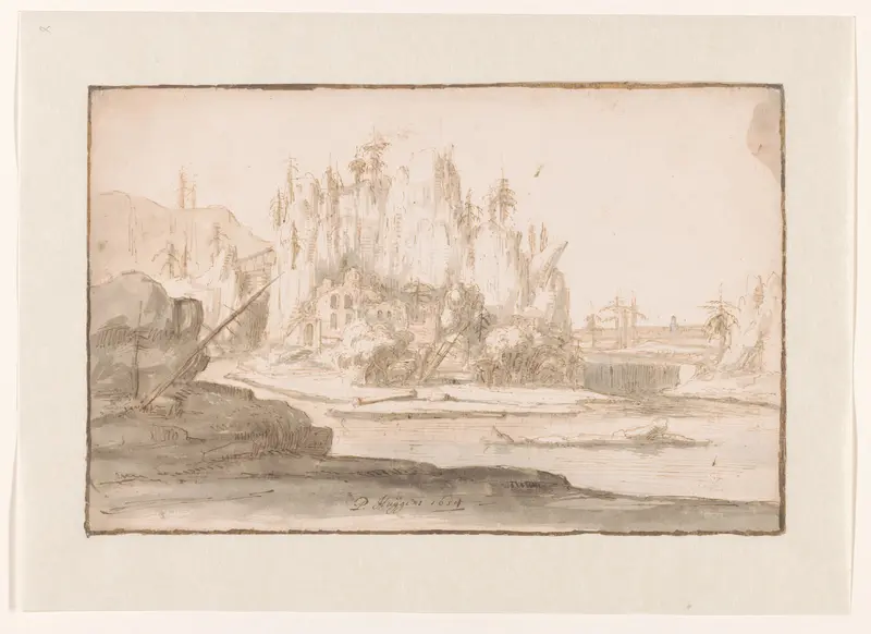 Rivierlandschap met ruïne en waterval Wall Art by Philips Huygens - High-Resolution Digital Print