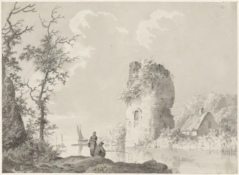 Rivierlandschap met toren en hengelaar Wall Art by Barend Cornelis Koekkoek - High-Resolution Digital Print