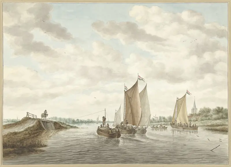 Rivierlandschap met verschillende schuiten Wall Art by Abraham Delfos - High-Resolution Digital Print