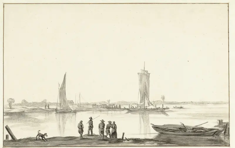 Rivierlandschap met vijf mensen en een hond Wall Art by Hendrick Jacobsz. Dubbels - High-Resolution Digital Print