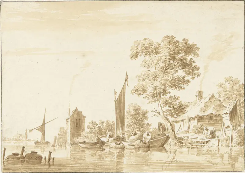 Rivierlandschap met vissers, viskorven en zeilschepen Wall Art by Unknown - High-Resolution Digital Print