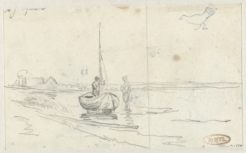Rivieroever met twee figuren bij een boot Wall Art by Arnoldus Johannes Eymer - High-Resolution Digital Print