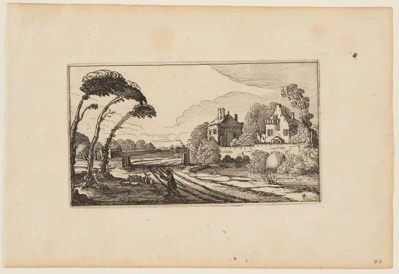 Road to Left of a Moated and Walled Country House, from Twelve landscapes with Figures Wall Art by Gillis van Scheyndel - High-Resolution Digital Print