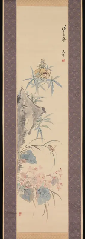 Rock and Autumn Flowers Wall Art by Tsubaki Chinzan - High-Resolution Digital Print