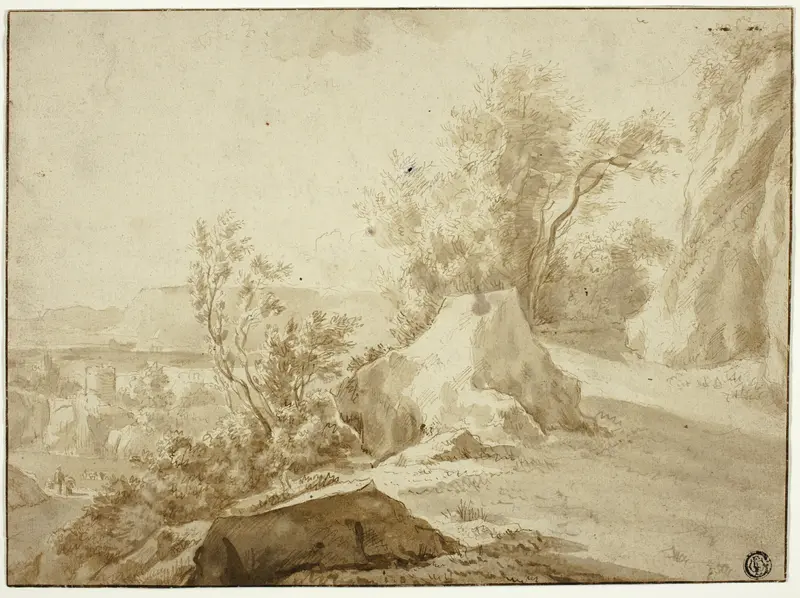 Rocks and Mountain Path, Figures and Town Below Wall Art by Bartholomeus Breenbergh - High-Resolution Digital Print