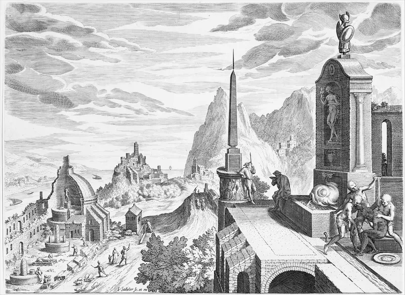 Rocky Landscape with Antique Buildings Wall Art by Johann Sadeler I - High-Resolution Digital Print