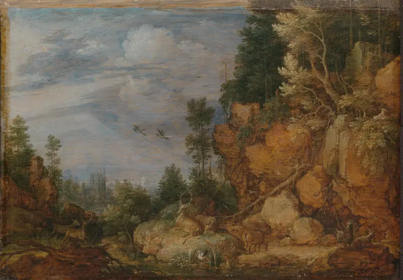 Rocky Landscape with Deer and Goats Wall Art by Unknown - High-Resolution Digital Print