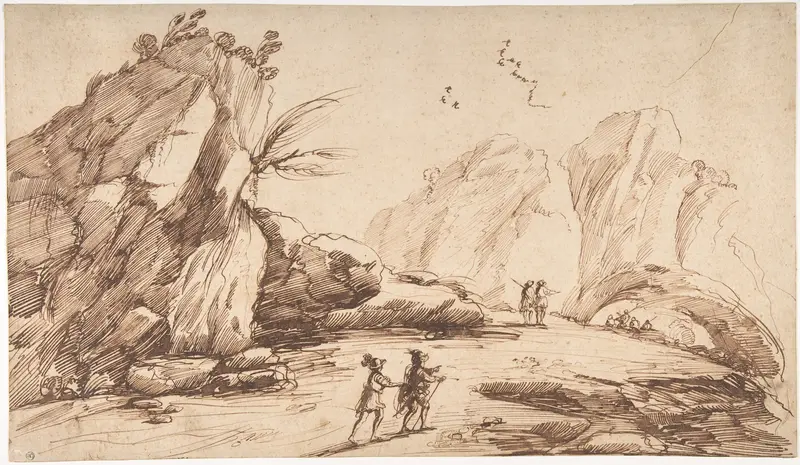 Rocky Landscape with Eight Figures Wall Art by Guercino (Giovanni Francesco Barbieri) - High-Resolution Digital Print