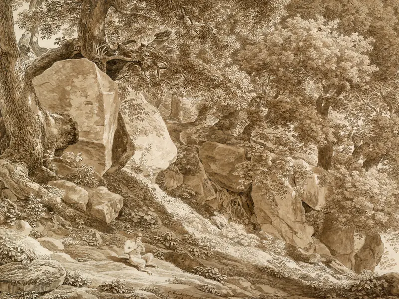 Rocky Landscape with Pan Playing His Flute (In the Park of the Villa Chigi, Ariccia) Wall Art by Johann Christian Reinhart - High-Resolution Digital Print