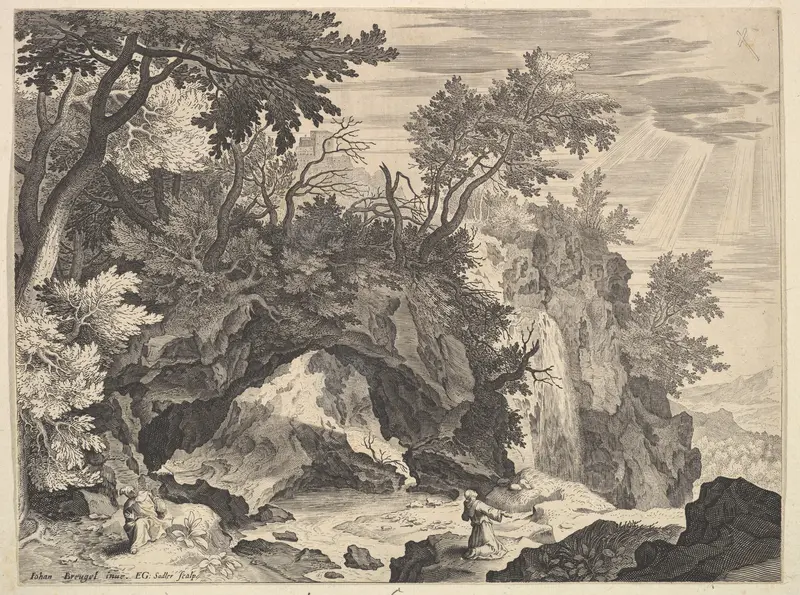 Rocky Landscape with the Stigmatisation of Saint Francis Wall Art by Aegidius Sadeler II - High-Resolution Digital Print