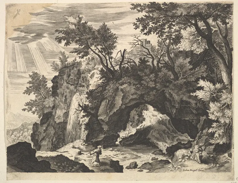 Rocky Landscape with the Stigmatization of St. Francis (reverse copy) Wall Art by Aegidius Sadeler II - High-Resolution Digital Print